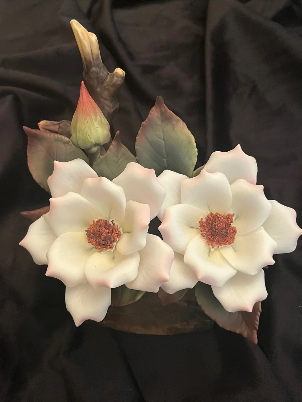 Vintage Porcelain Magnolia Flower Music Box Tree Stump Floral Figurine